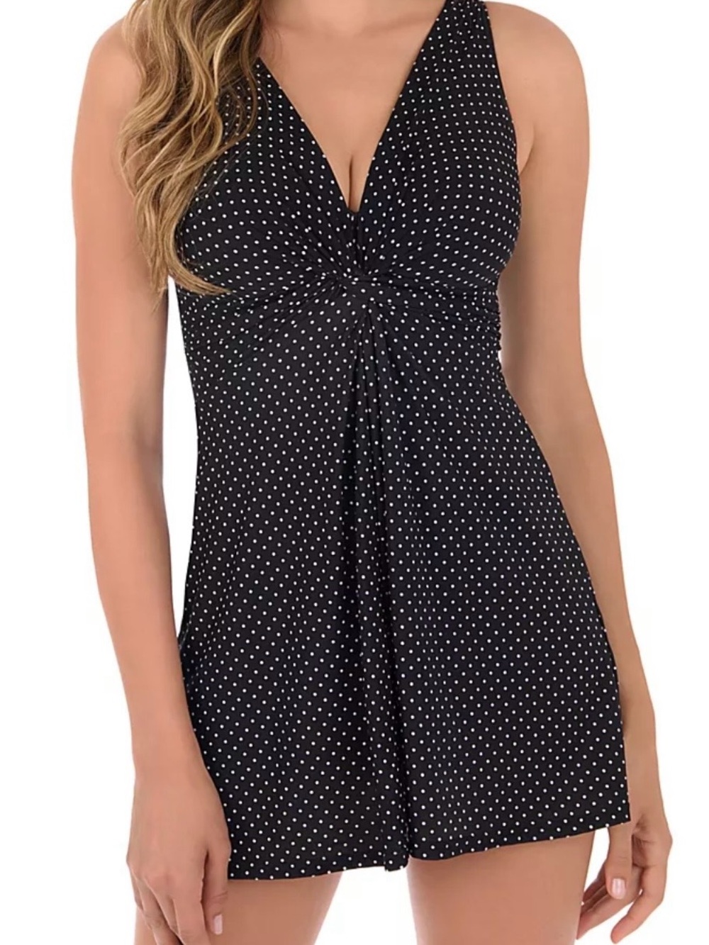 Miraclesuit Marais Black with White Polka Dot Twist-Front Swimdress SZ 14